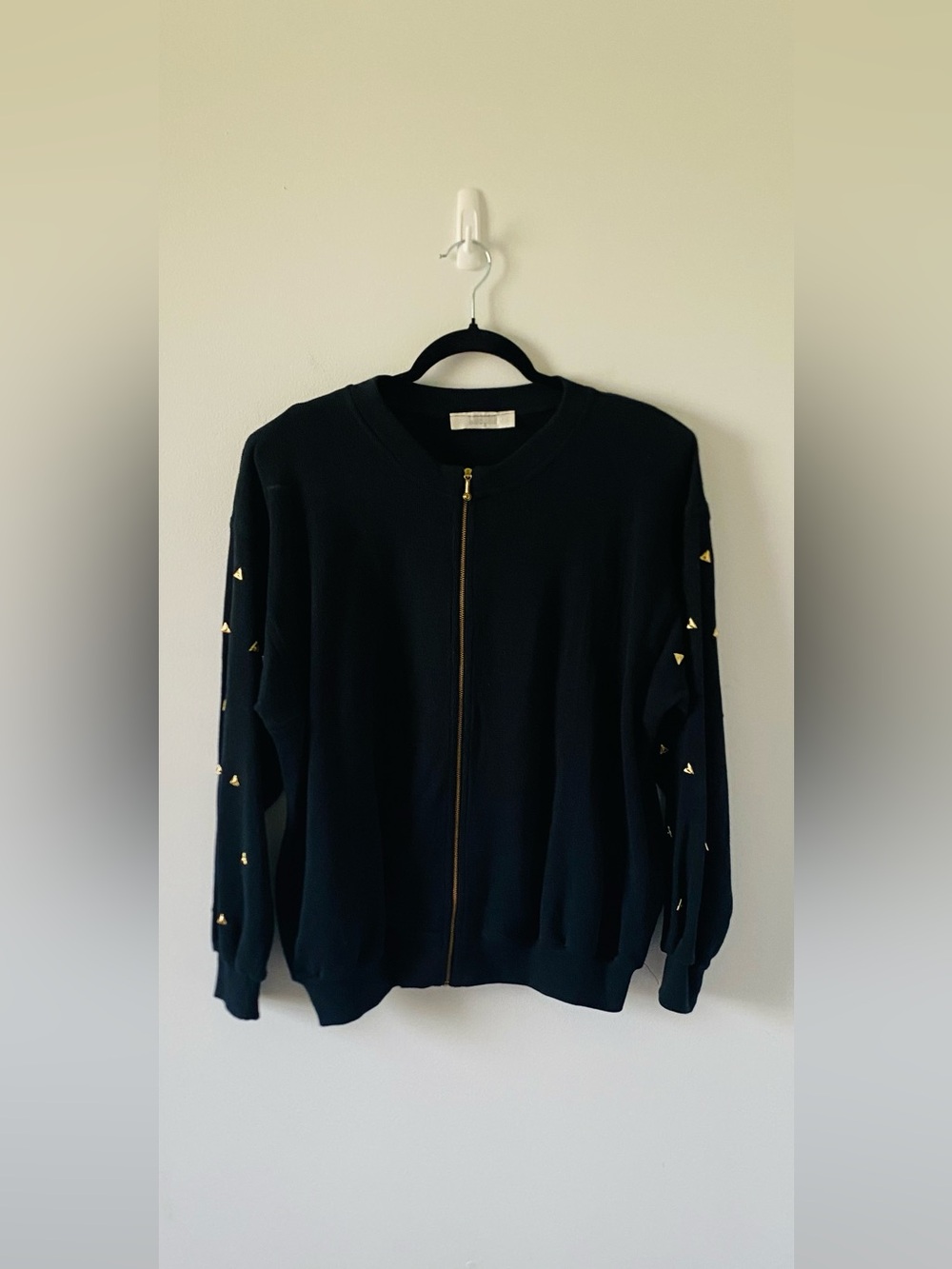 Vintage I. Magnin Black Knit Bomber Jacket L Gold Pyramid Stud Sleeve Full Zip